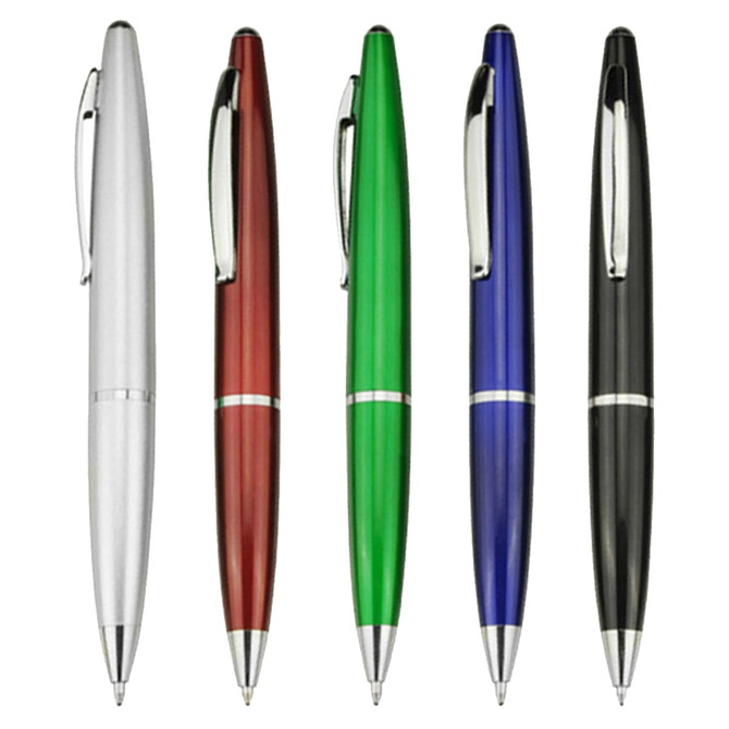 A set of five plastic pens in silver, red, green, blue, and black with a shiny finish and a logo.