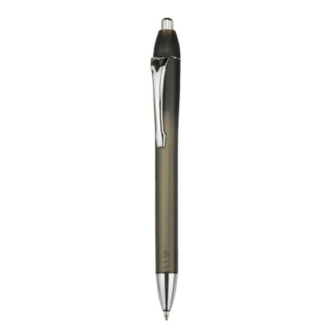 A plastic pen in an olive green colour with a chrome clip and tip. It has a logo on the barrel.