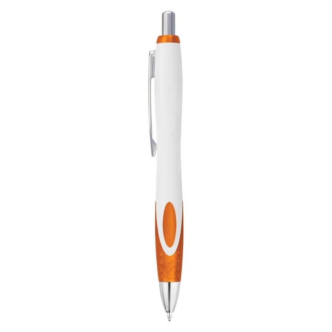 A plastic pen in white with orange accents and a silver clip, featuring a logo on its surface.