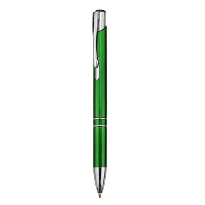 A green plastic pen with a silver clip and accents, featuring a sleek design. It has a logo on the body.