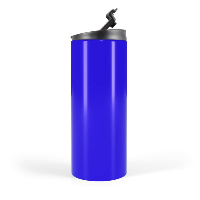 A travel mug in a vibrant blue color with a secure flip-top lid.