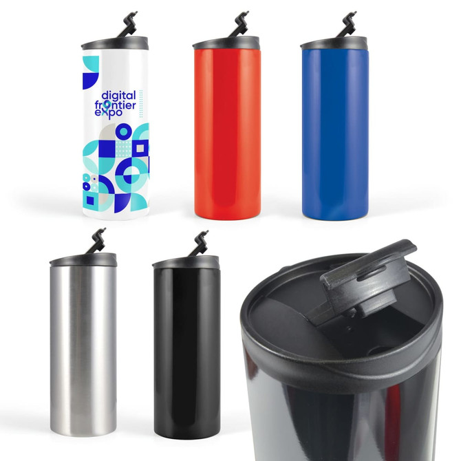 A collection of travel mugs in red, blue, black, silver, and a patterned design, each featuring a lid and spout.