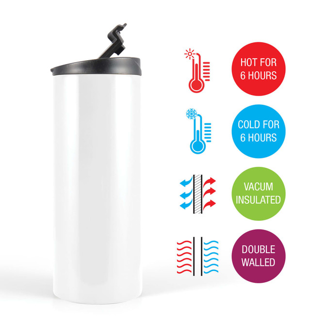 A drink bottle featuring a sleek white design, with a black lid and vacuum insulation for maintaining temperature.