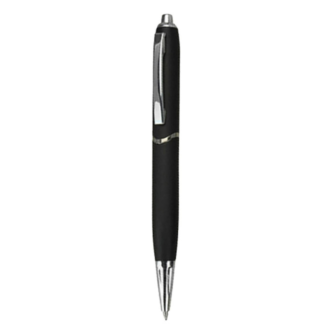 A sleek black plastic pen with chrome accents and a smooth, refined design. It features a logo on the barrel.