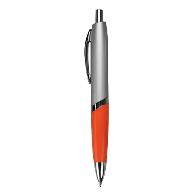 A silver and orange plastic pen featuring a sleek design and a clip. It has a branding logo on the barrel.
