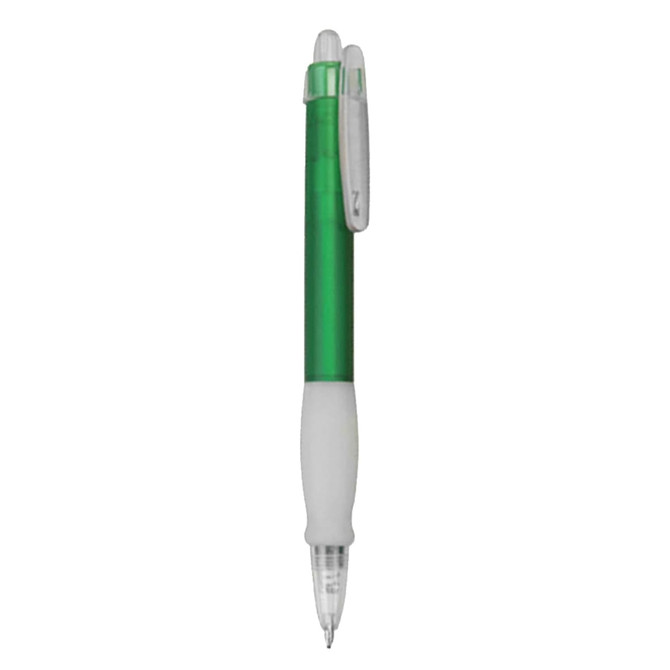 A green plastic pen with a clear clip and a white grip. It features a logo on the side.
