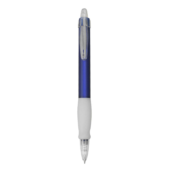 A blue plastic pen with a white grip and a clear cap. The pen features branding on the barrel.