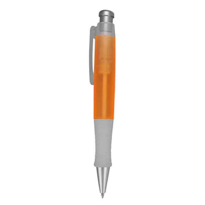 An orange and grey plastic pen with a silver trim and a logo on the barrel.