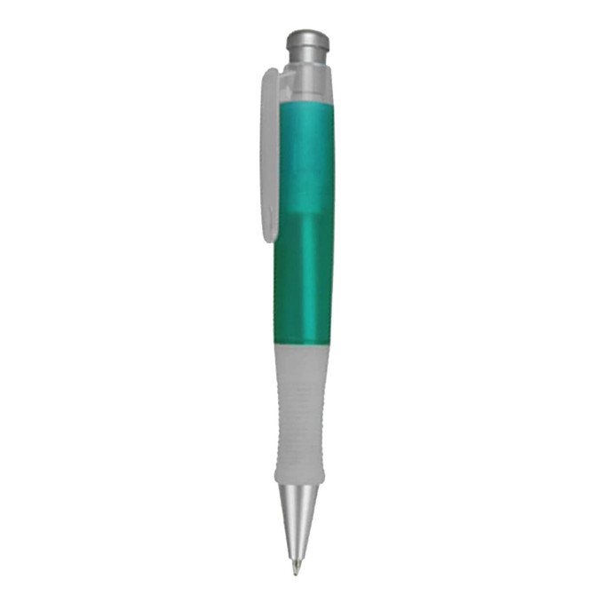 A plastic pen featuring a silver tip, grey clip, and a transparent teal barrel with a textured grip.