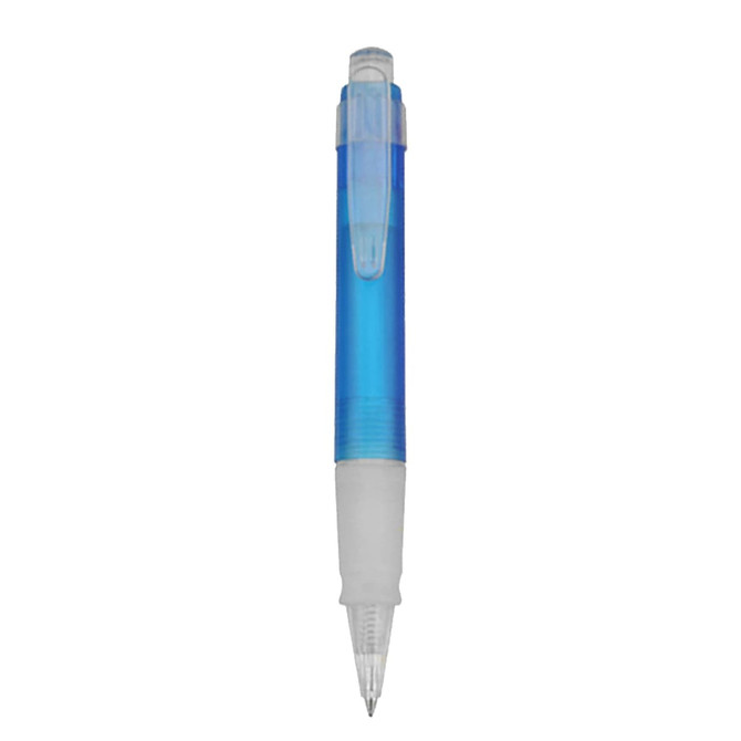 A plastic pen with a transparent blue barrel and a white grip. It features a click mechanism and a clear top.