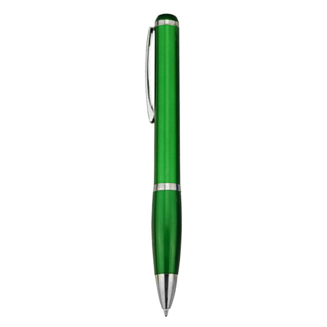 A green plastic pen with a silver clip and trim, featuring a smooth, sleek design.