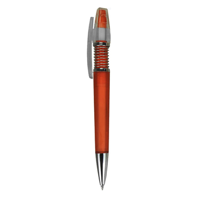 A plastic pen in vibrant orange with a transparent grip and silver-toned tip, featuring a logo.