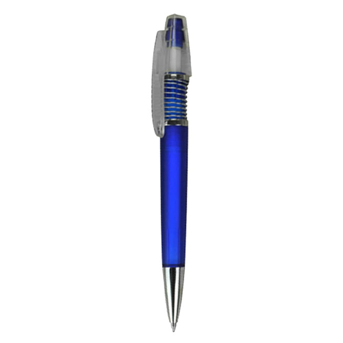 A blue plastic pen with a clear clip and grip, featuring a shiny silver tip. The pen has a logo on it.