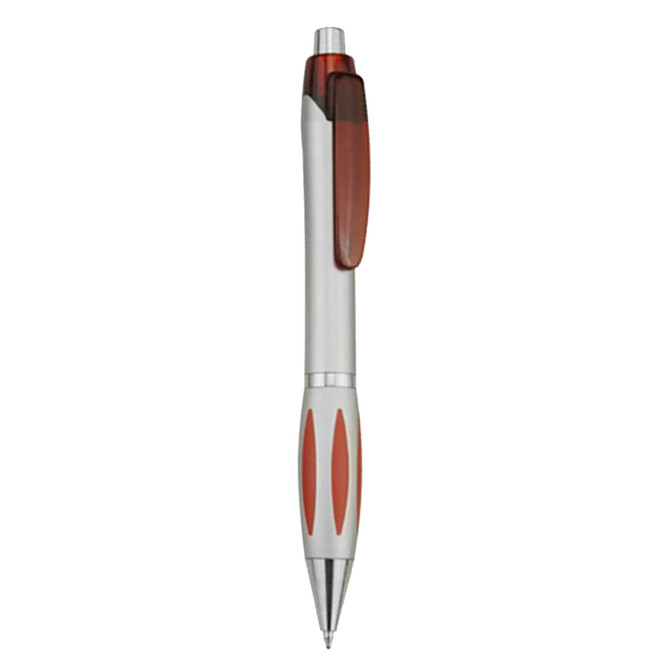 A plastic pen in silver and red, featuring a clip and grip design, with a logo on the barrel.