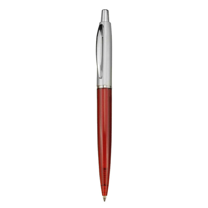 A plastic pen with a red barrel and silver accents, featuring a clip and a ballpoint tip.