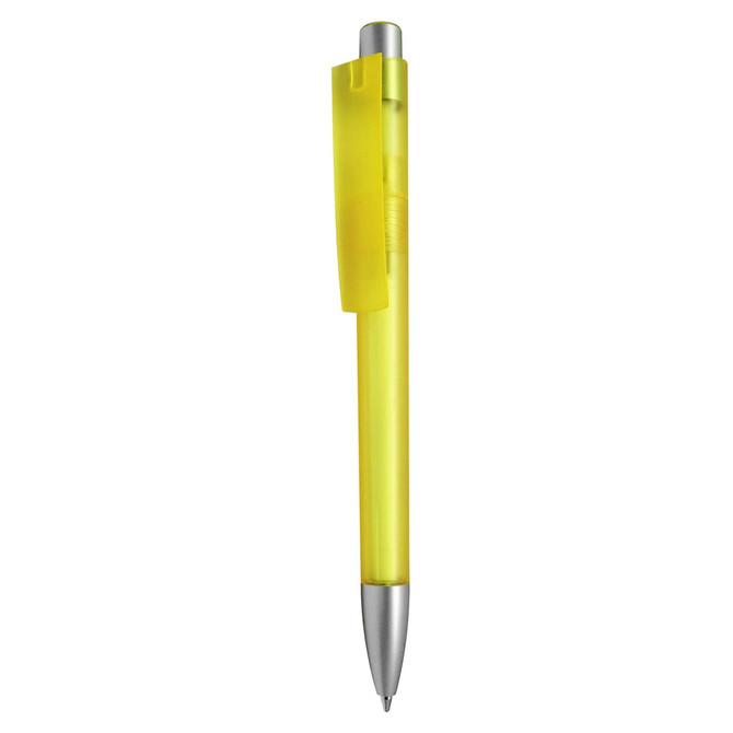A plastic pen in bright yellow featuring a silver clip and tip. The pen has a smooth, glossy finish.