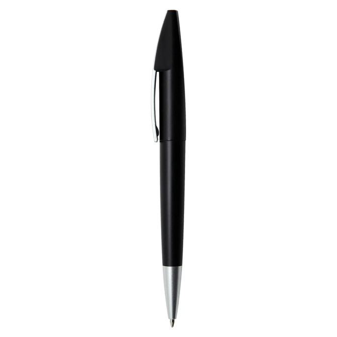A black plastic pen with a shiny silver clip and tip, featuring a simple design and logo.