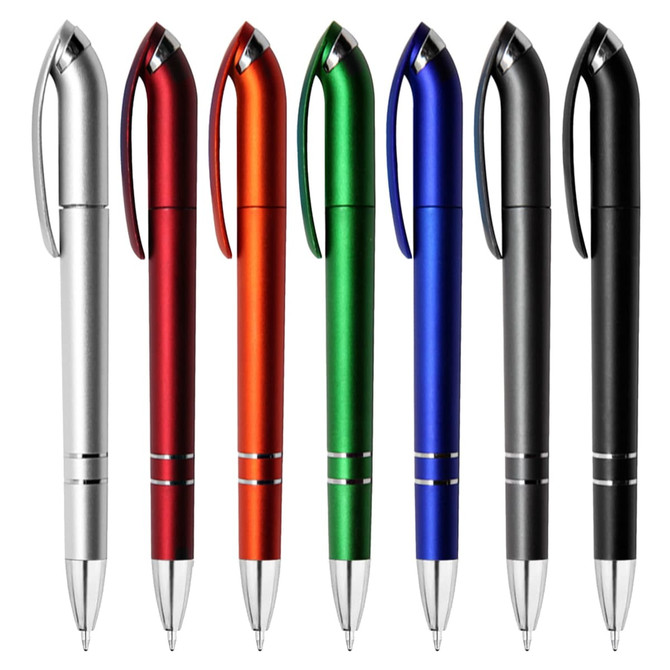 A collection of metallic pens in silver, red, orange, green, blue, and black, featuring a logo on each.