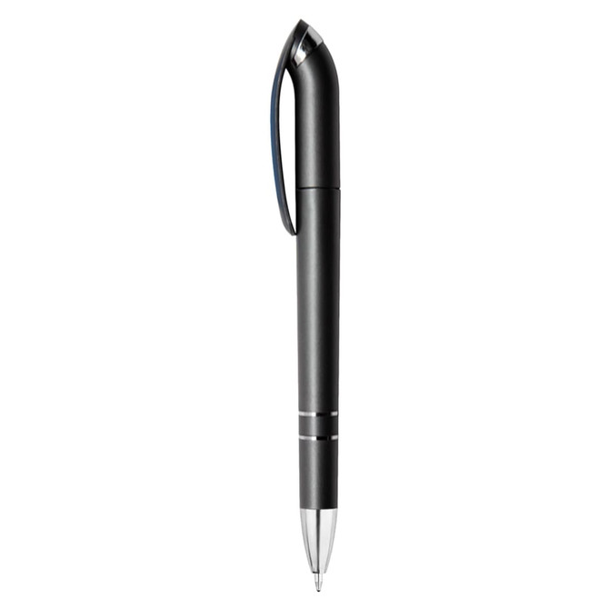 A sleek black metallic pen with a stylish design and chrome accents. It features a clip for easy attachment.