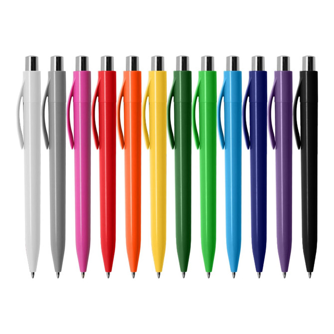 A collection of plastic pens in various colours, including white, grey, pink, orange, yellow, green, blue, and black.