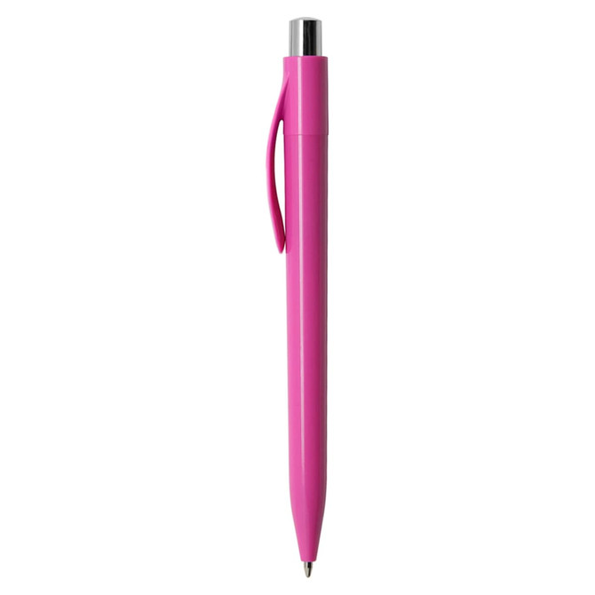 A pink plastic pen with a silver clip and tip, featuring a streamlined design and a branding logo.