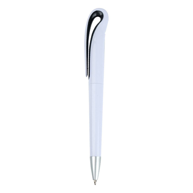 A plastic pen in white with a black clip and silver tip, featuring a logo on the barrel.