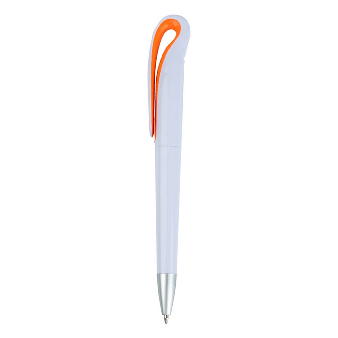 A plastic pen in white with an orange accent and a silver tip, featuring a distinctive design.