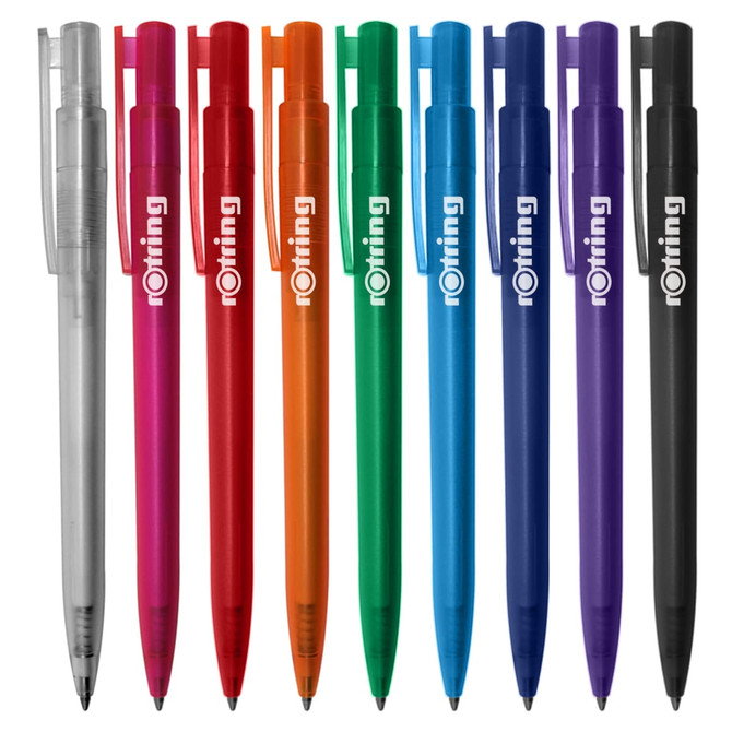 A collection of plastic pens in silver, red, orange, blue, green, purple, and black, featuring a logo on each pen.