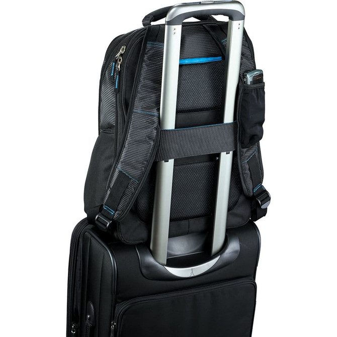 A black backpack with adjustable straps is secured on top of a rolling suitcase, featuring a small pocket on the side.