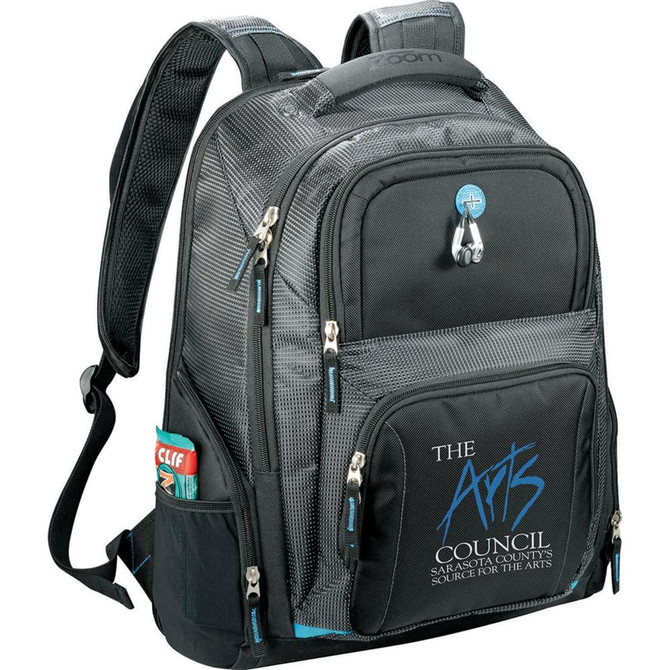 A black and grey laptop backpack with multiple compartments and a logo, featuring blue zippers and detailing.