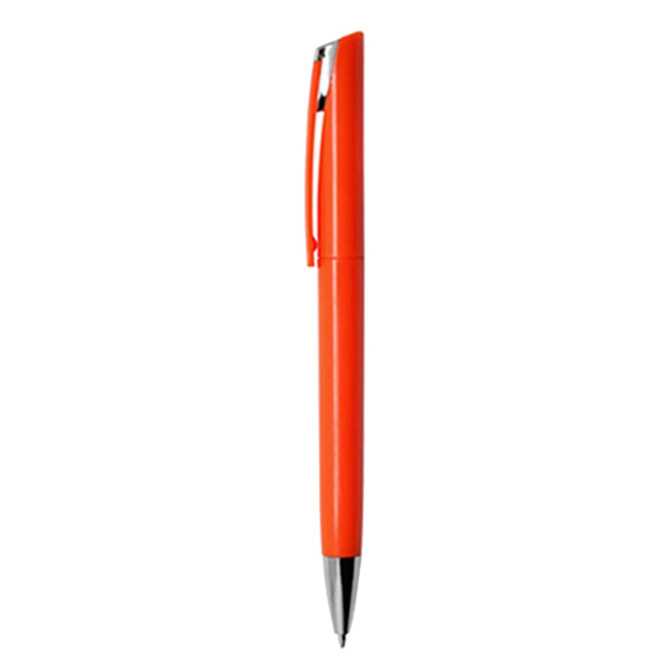 An orange plastic pen with a silver clip and tip, featuring a logo on the body.