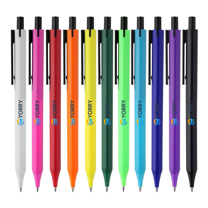 A collection of plastic pens in various colours, including white, red, pink, orange, green, blue, and purple, featuring branding.