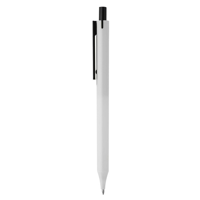 A plastic pen in white with a black clip and tip. The pen features a logo on the side.
