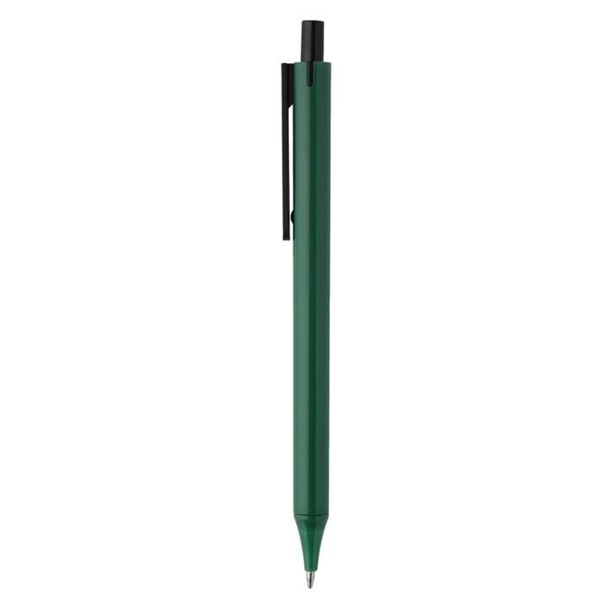 A plastic pen in dark green with a black clip and a simple design, featuring a logo on the barrel.