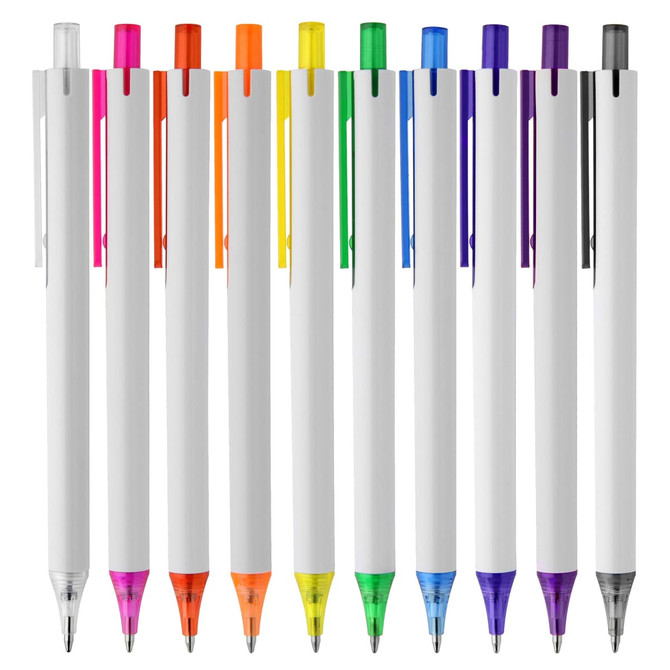 A collection of white plastic pens in various colours, including orange, yellow, green, blue, purple, and black.