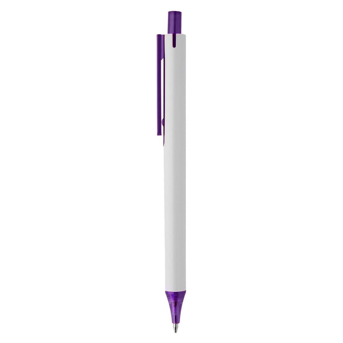 A white plastic pen with a purple clip and tip, featuring a logo on the body.