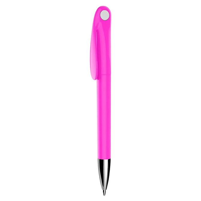 A pink plastic pen with a sleek design and a silver tip, featuring a logo on its body.
