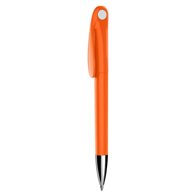 An orange plastic pen with a smooth finish and a clickable top. It features a logo near the clip.