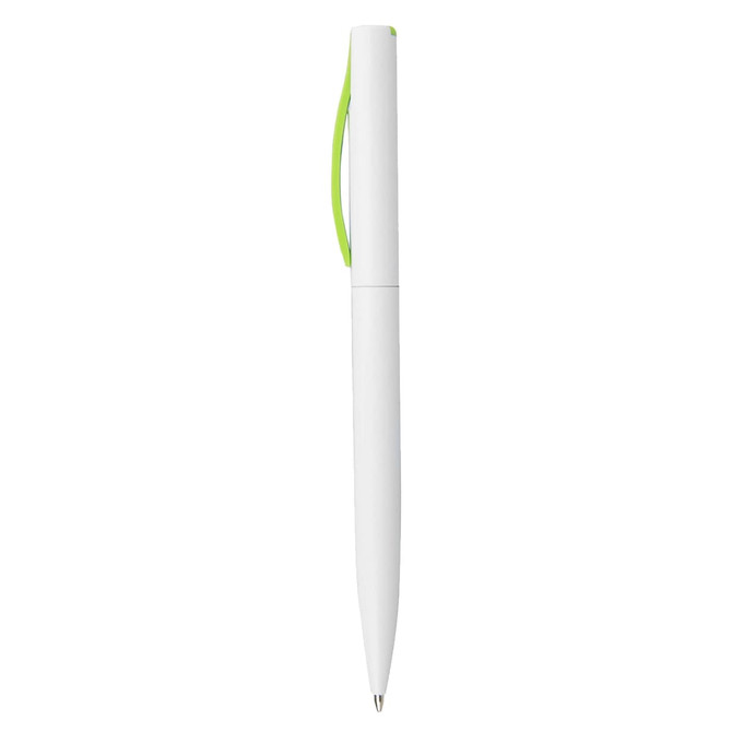 A plastic pen in white with a green clip, featuring a sleek design and a logo on the barrel.
