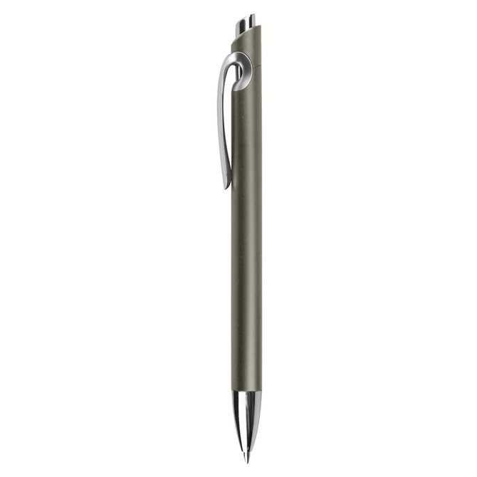 A sleek, metallic grey pen with a chrome clip and tip, featuring a simple design and branding.