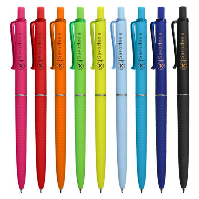 A collection of plastic pens in various colours, including pink, orange, green, yellow, blue, and black. Each pen features a clip and has a logo.