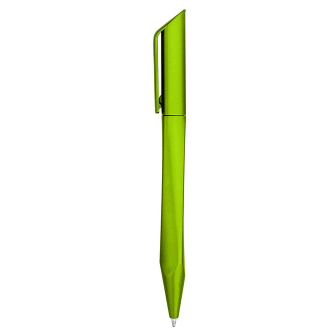 A green plastic pen with a sleek design and a clip on the side, featuring a smooth writing tip.