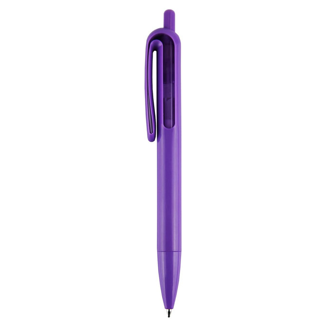 A purple plastic pen with a clip and a transparent section, featuring a logo.