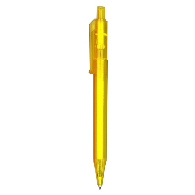 A yellow plastic pen with a click retractable tip and a clip. It features a logo on the barrel.