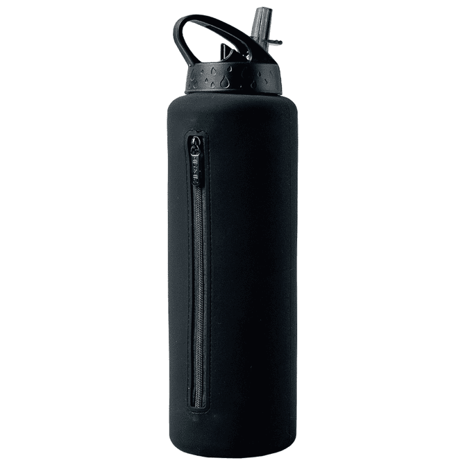 A drink bottle in black with a zippered section, featuring a spout and carrying handle. It has a logo on the body.