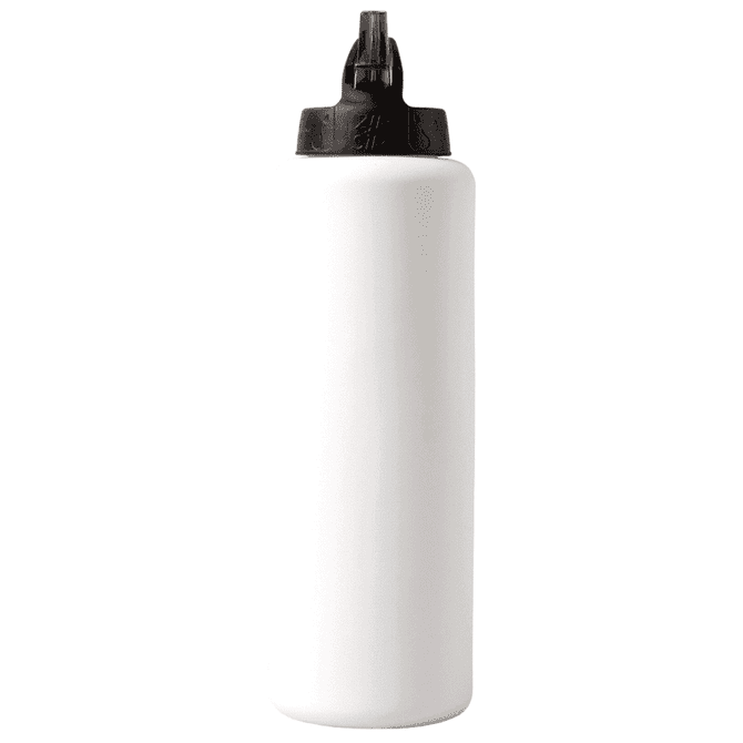 A drink bottle in white with a black nozzle cap and a logo on the side.