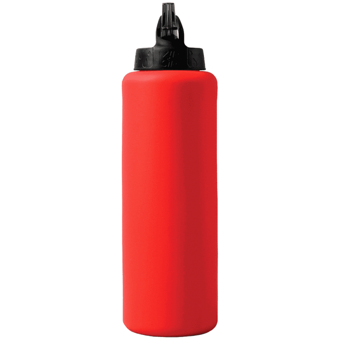 A drink bottle in bright red with a black cap and a logo. Suitable for various beverages.
