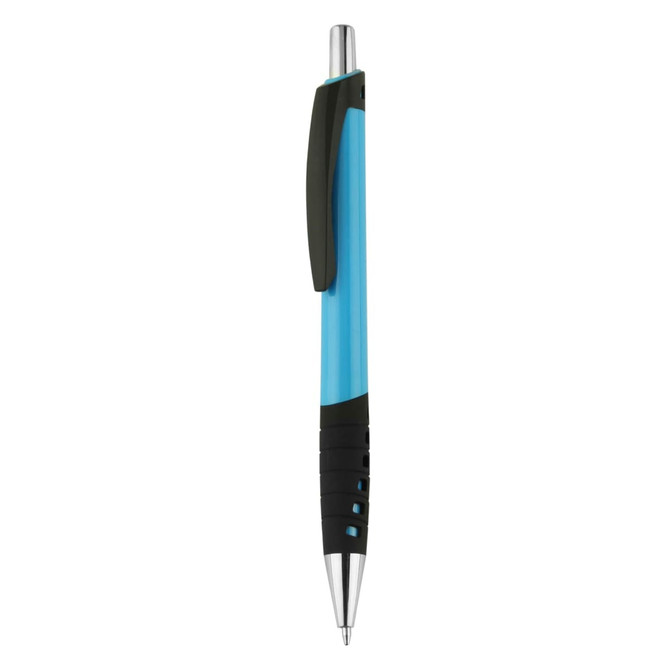 A plastic pen featuring a blue and black design, with grip and clip details. The pen has a sleek, modern look.