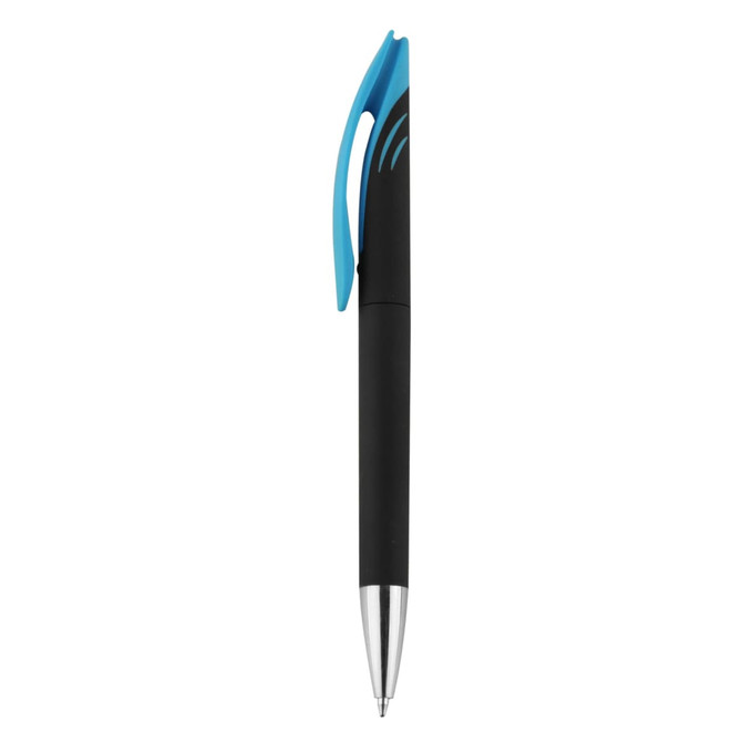 A black plastic pen with a blue clip and silver tip, featuring a logo on its side.