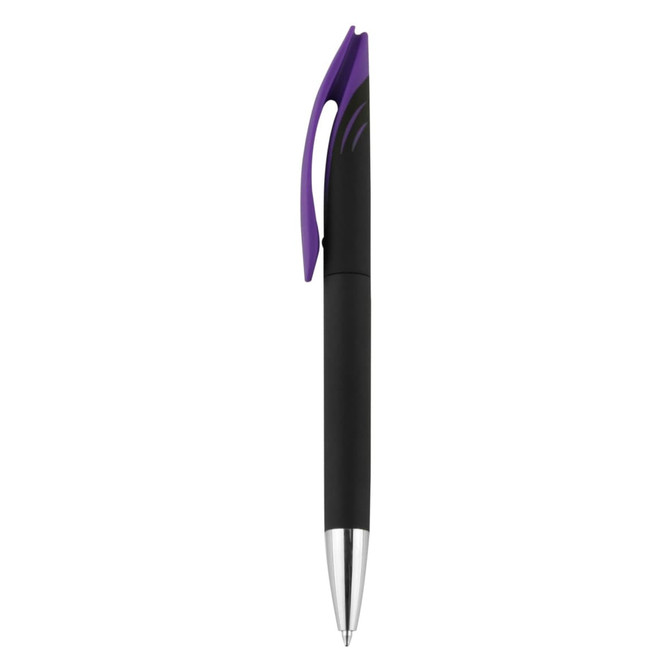 A plastic pen in black with a purple clip and a silver tip, featuring a logo on the barrel.